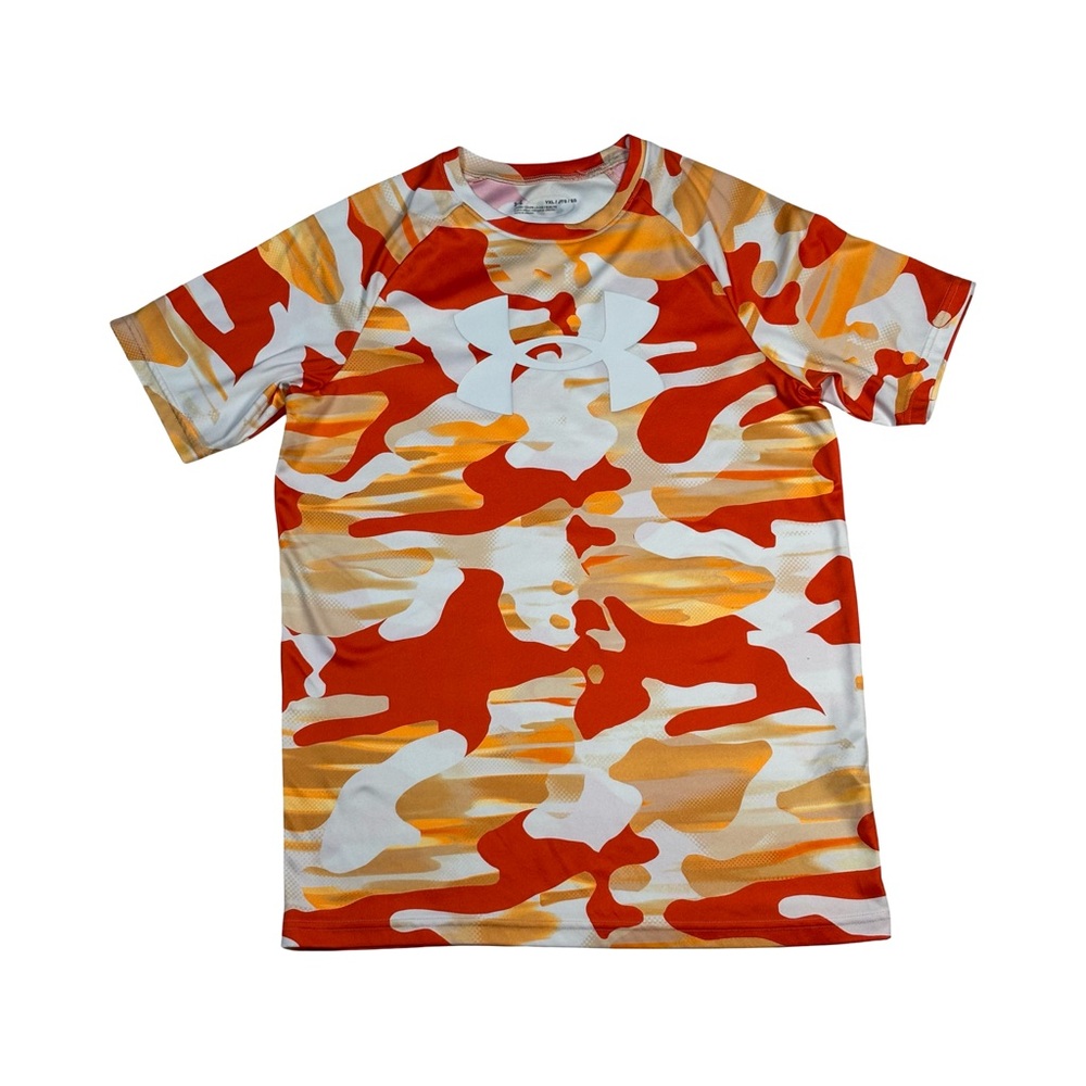 Under Armour Boys Tech Big Logo Loose Fit Orange Camo Short Sleeve Tee Size YXL